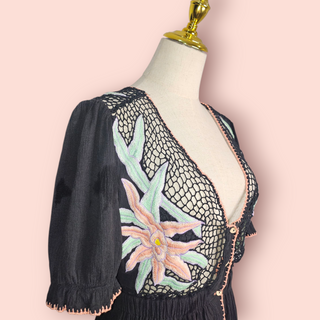 CHASING UNICORNS - 70,s Inspired Handmade Embroidered Cotton Mini Dress RRP $349