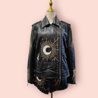 NASTY GAL-STAR & MOON EMBROIDED LEATHER JACKET & MATCHING SHORTS SET NWT RETAIL $1700