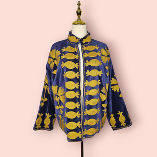 BOHO LUXE - Navy Blue Open Style Lightweight Velvet Jacket with Tan Flower Handsewn Embroidery NEW
